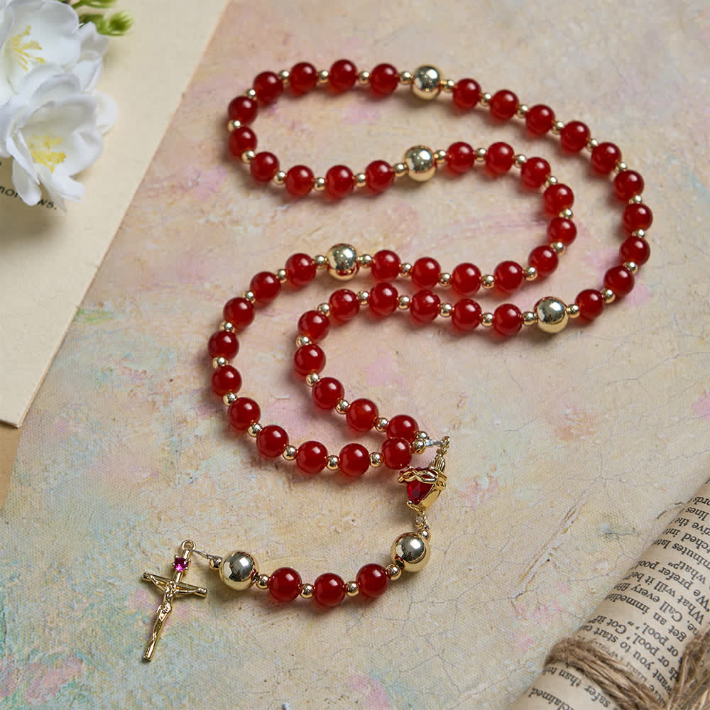Christianartworkshop Rosario del Sacro Cuore dell'Amore Divino con elegante crocifisso in vetro rosso e oro. - image 2