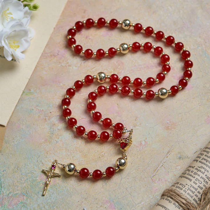 Christianartworkshop Rosario del Sacro Cuore dell'Amore Divino con elegante crocifisso in vetro rosso e oro. - image 2