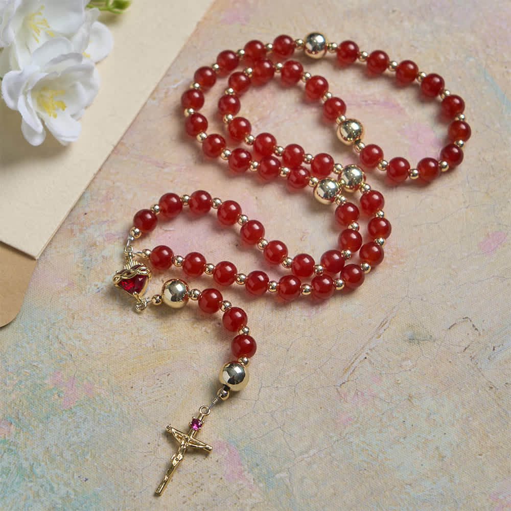 Christianartworkshop Rosario del Sacro Cuore dell'Amore Divino con elegante crocifisso in vetro rosso e oro. - Sacro Cuore e Crocifisso - image 0