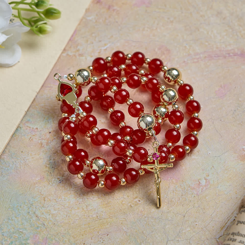 Christianartworkshop Rosario del Sacro Cuore dell'Amore Divino con elegante crocifisso in vetro rosso e oro. - image 3
