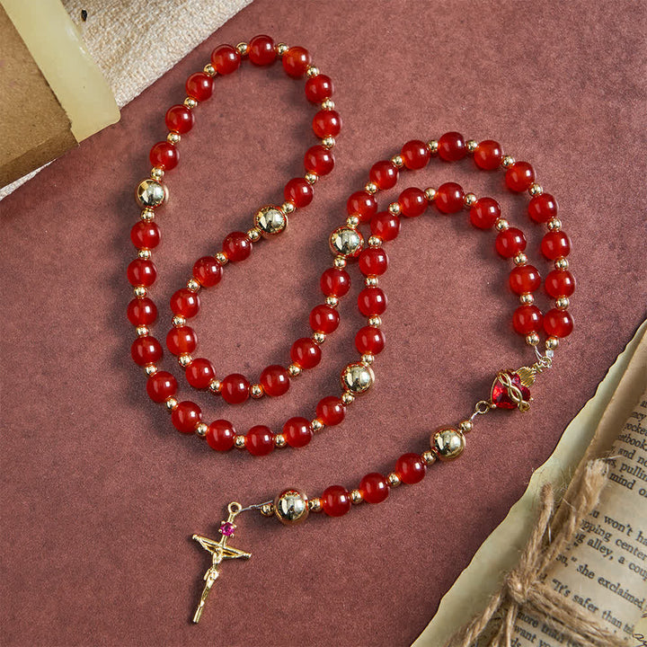 Christianartworkshop Rosario del Sacro Cuore dell'Amore Divino con elegante crocifisso in vetro rosso e oro. - image 5