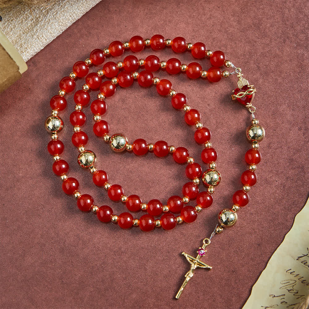Christianartworkshop Rosario del Sacro Cuore dell'Amore Divino con elegante crocifisso in vetro rosso e oro. - image 4