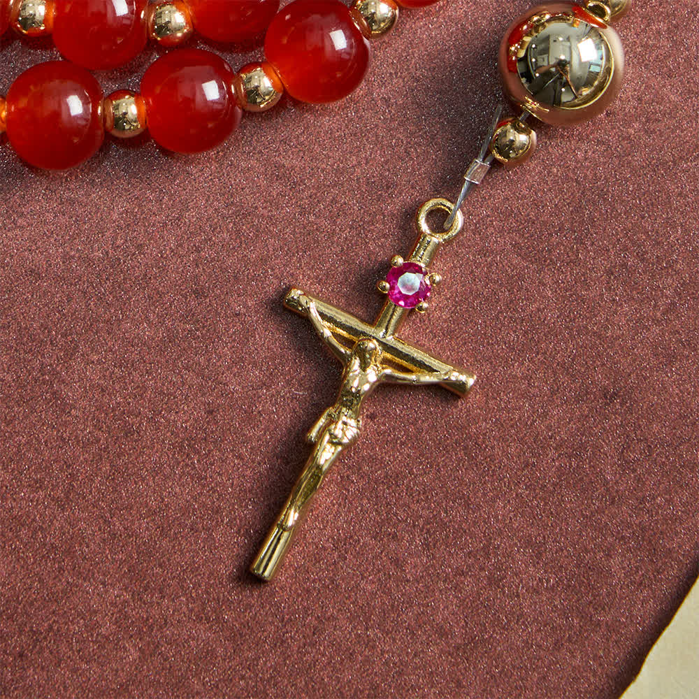 Christianartworkshop Rosario del Sacro Cuore dell'Amore Divino con elegante crocifisso in vetro rosso e oro. - image 8