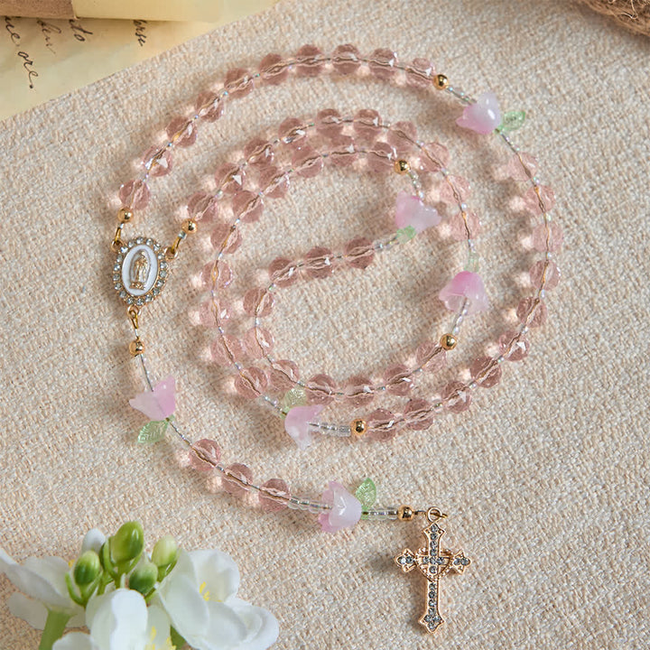 Christianartworkshop Rosario devozionale del mughetto con decorazioni della Madonna e perline rosa - image 2