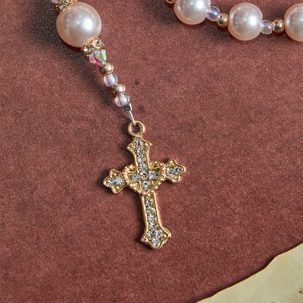 Christianartworkshop Elegante rosario cattolico color pesca tenue con l'immagine della Madonna. - image 7