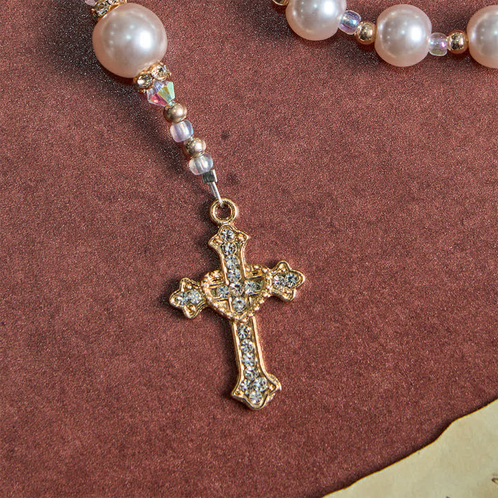 Christianartworkshop Elegante rosario cattolico color pesca tenue con l'immagine della Madonna. - image 7