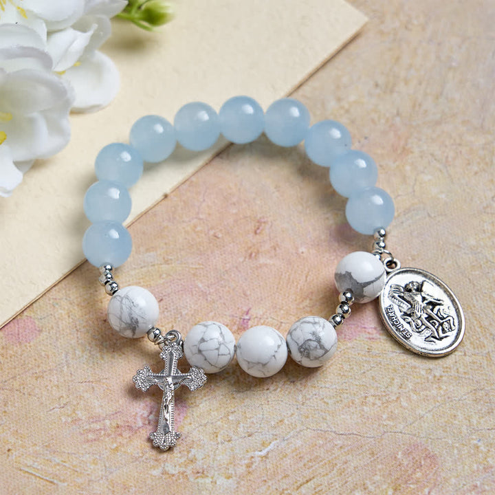 Christianartworkshop Bracciale di San Michele in howlite naturale: doppia protezione spirituale nei colori azzurro e rosa. - Blu - image 9