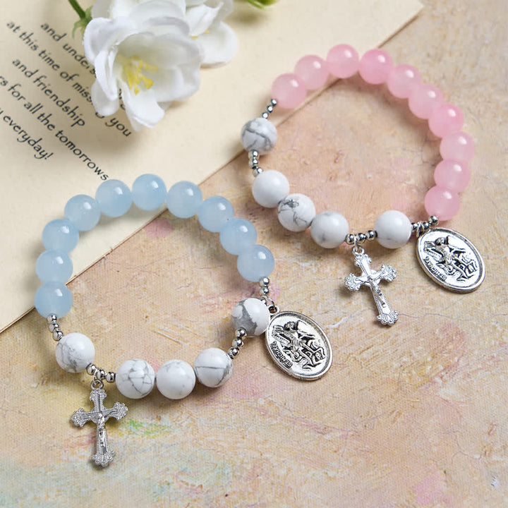 Christianartworkshop Bracciale di San Michele in howlite naturale: doppia protezione spirituale nei colori azzurro e rosa. - Set da 2 (rosa e blu) - image 1