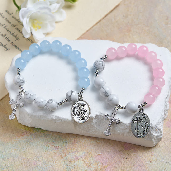 Christianartworkshop Bracciale di San Michele in howlite naturale: doppia protezione spirituale nei colori azzurro e rosa. - image 17