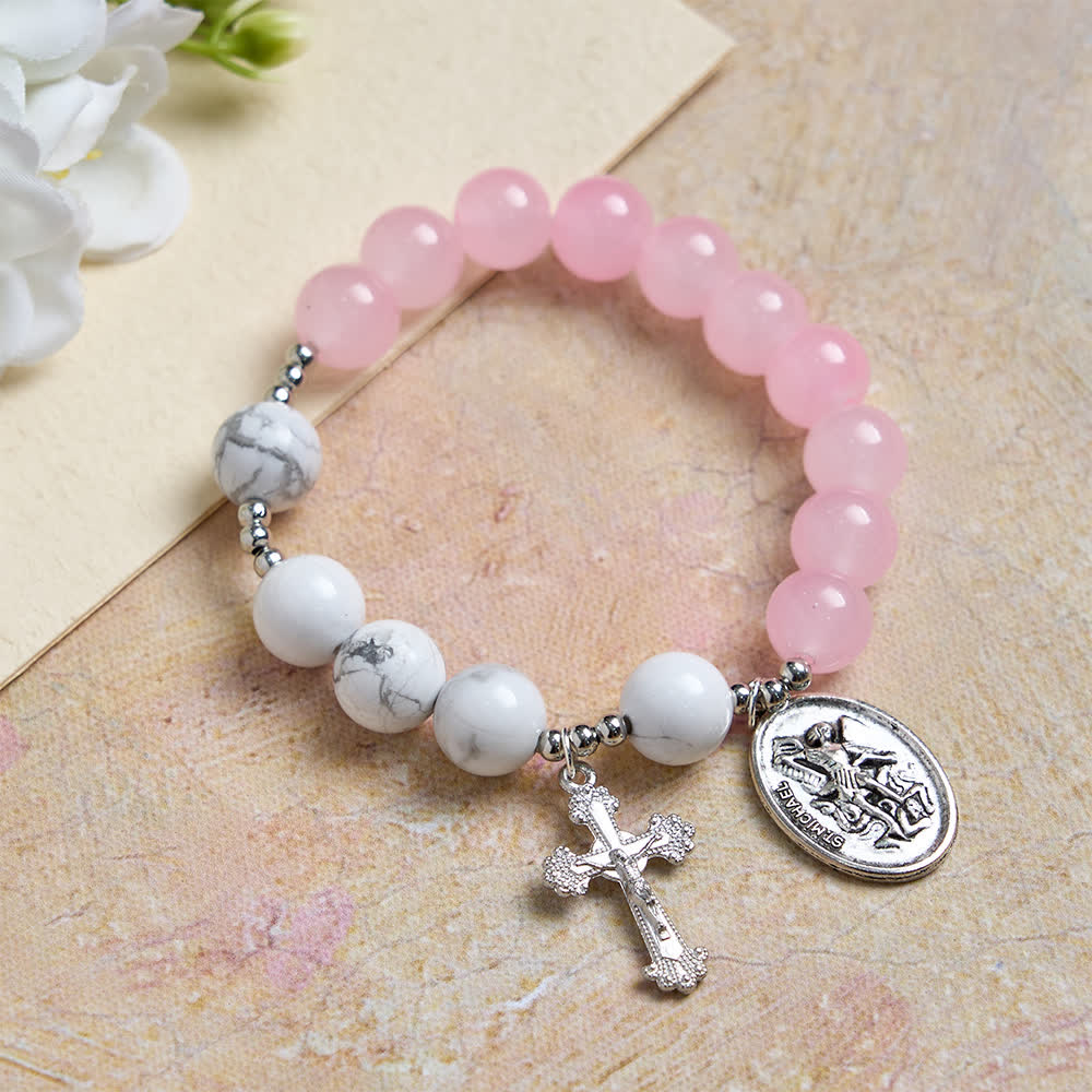 Christianartworkshop Bracciale di San Michele in howlite naturale: doppia protezione spirituale nei colori azzurro e rosa. - Rosa - image 0