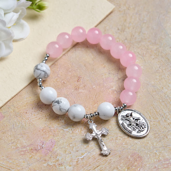 Christianartworkshop Bracciale di San Michele in howlite naturale: doppia protezione spirituale nei colori azzurro e rosa. - Rosa - image 0
