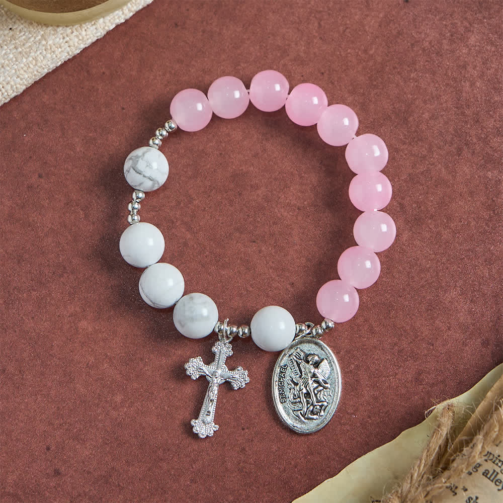 Christianartworkshop Bracciale di San Michele in howlite naturale: doppia protezione spirituale nei colori azzurro e rosa. - image 4