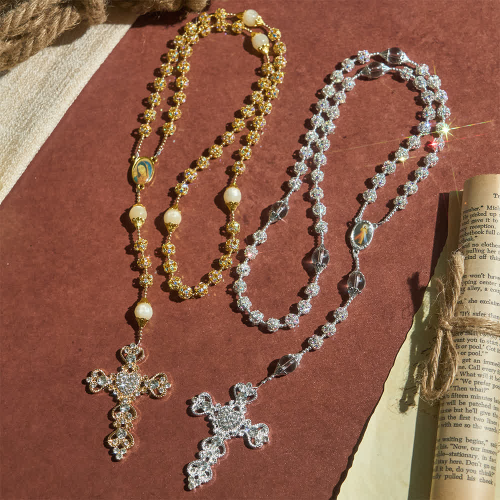 Rosario di lusso con perline dorate scintillanti e immagine della Madonna delle Grazie , Christianartworkshop. - image 2