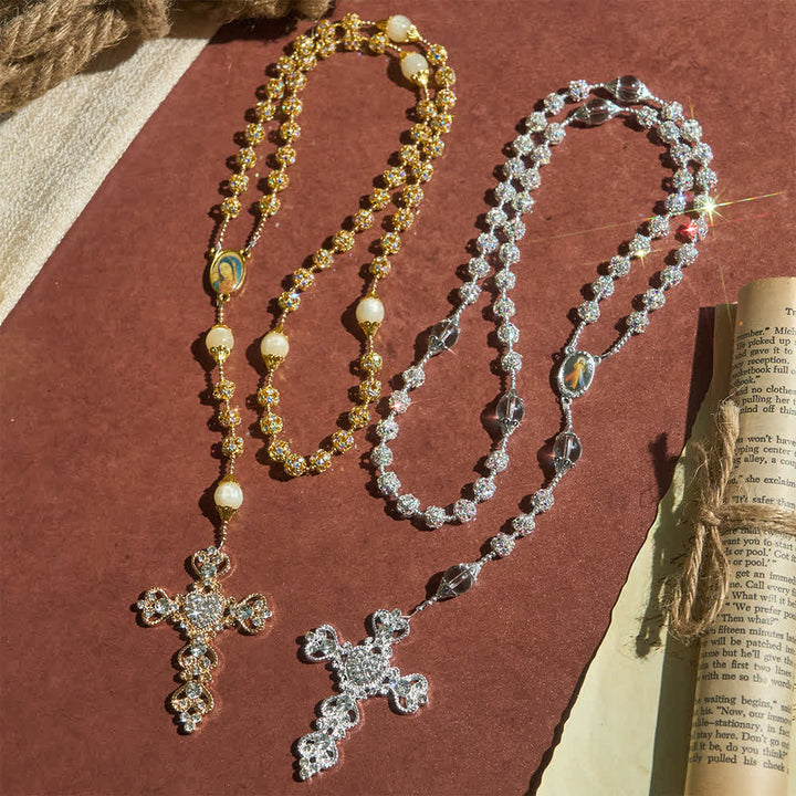 Rosario di lusso con perline dorate scintillanti e immagine della Madonna delle Grazie , Christianartworkshop. - image 2