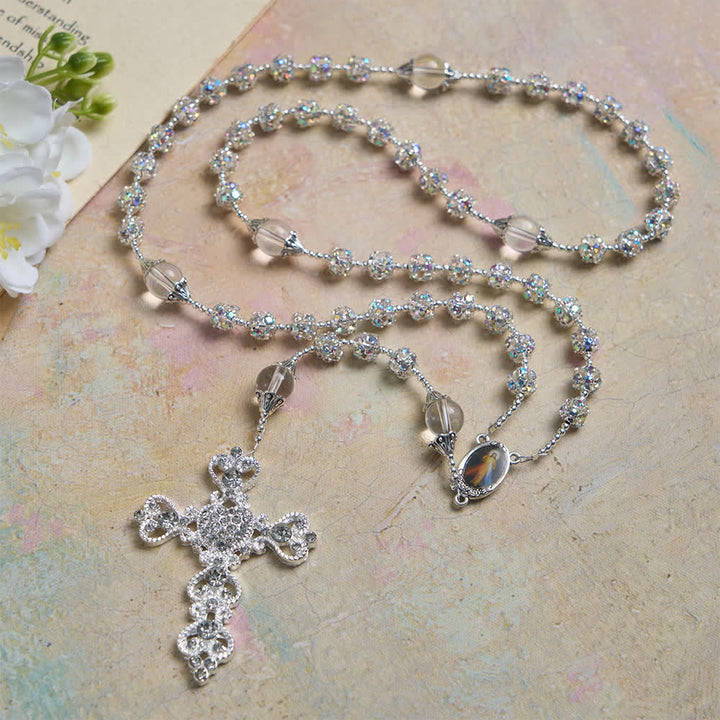 Rosario di lusso con perline dorate scintillanti e immagine della Madonna delle Grazie , Christianartworkshop. - Argento - image 10
