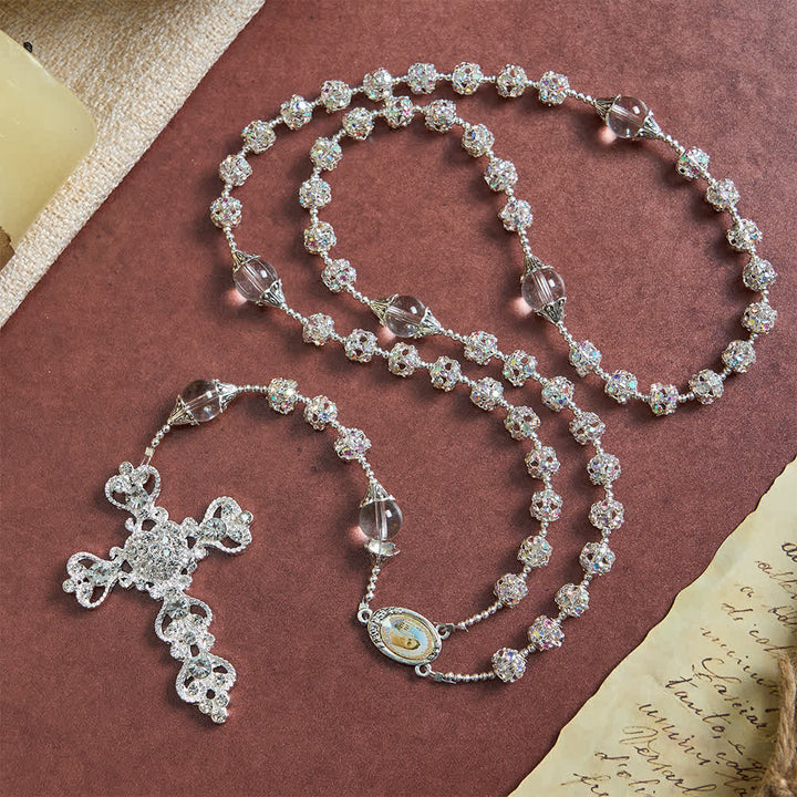 Rosario di lusso con perline dorate scintillanti e immagine della Madonna delle Grazie , Christianartworkshop. - image 11