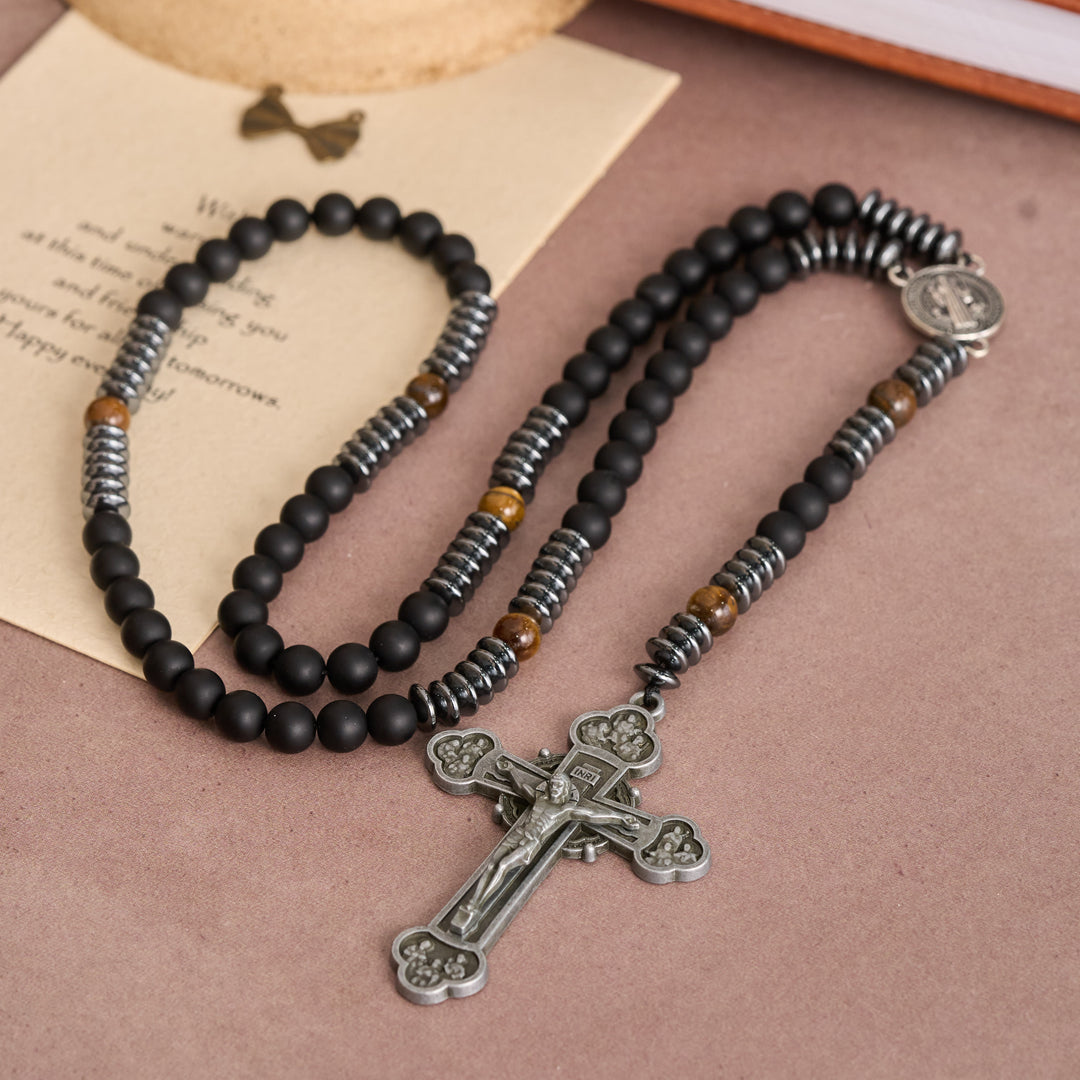 Christianartworkshop Rosario in vetro nero e occhio di tigre con medaglia di San Benedetto e croce in latta vintage. - Rosario in vetro nero e occhio di tigre - image 0