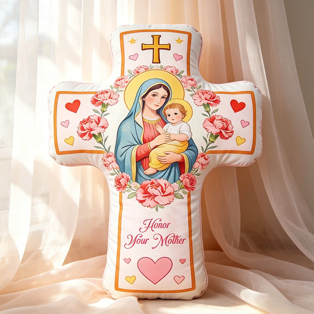 Christianartworkshop Cuscino con croce e motivo floreale a cuore, ispirato alla Madonna: un caldo cuscino decorativo per la casa che evoca la fede. - 24" (60 cm) - image 0
