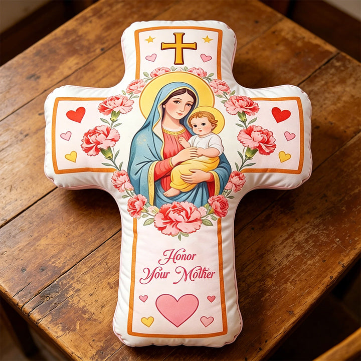 Christianartworkshop Cuscino con croce e motivo floreale a cuore, ispirato alla Madonna: un caldo cuscino decorativo per la casa che evoca la fede. - image 2