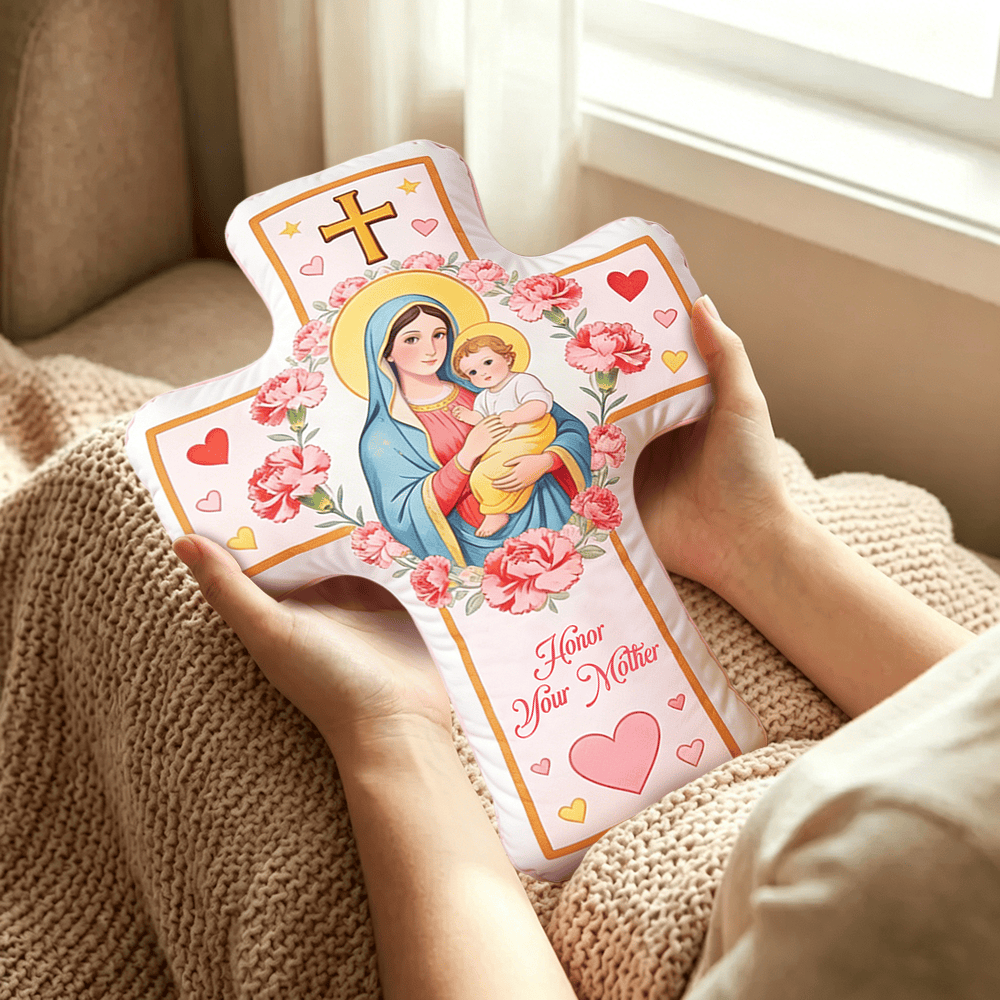 Christianartworkshop Cuscino con croce e motivo floreale a cuore, ispirato alla Madonna: un caldo cuscino decorativo per la casa che evoca la fede. - image 3
