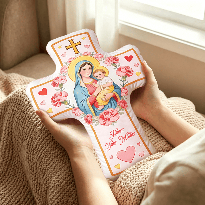 Christianartworkshop Cuscino con croce e motivo floreale a cuore, ispirato alla Madonna: un caldo cuscino decorativo per la casa che evoca la fede. - image 3