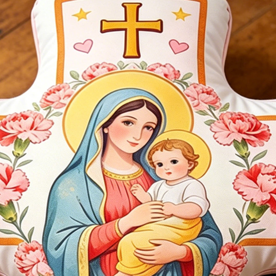 Christianartworkshop Cuscino con croce e motivo floreale a cuore, ispirato alla Madonna: un caldo cuscino decorativo per la casa che evoca la fede. - image 4