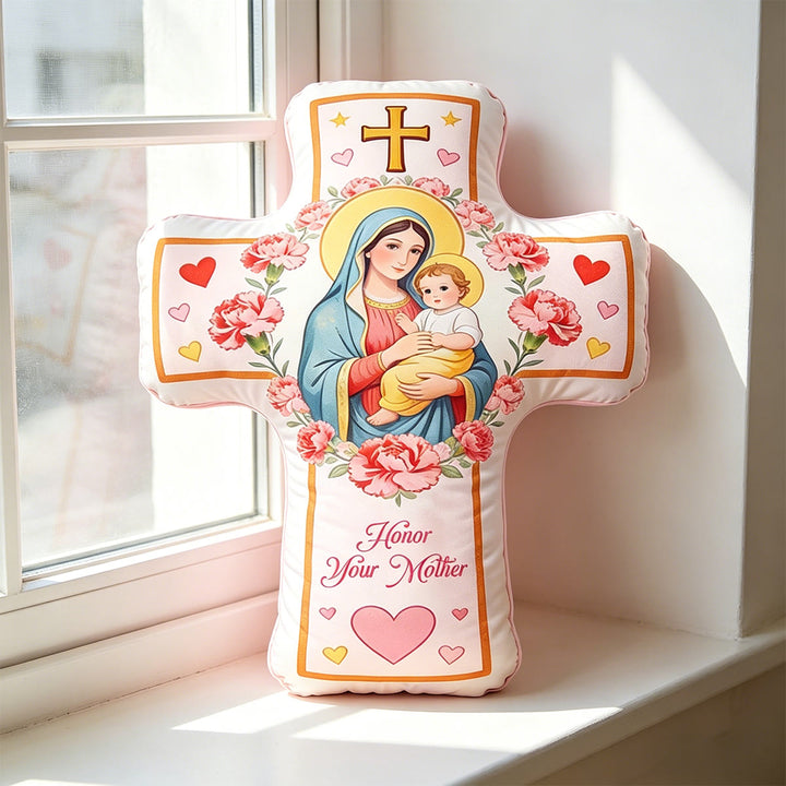 Christianartworkshop Cuscino con croce e motivo floreale a cuore, ispirato alla Madonna: un caldo cuscino decorativo per la casa che evoca la fede. - image 5
