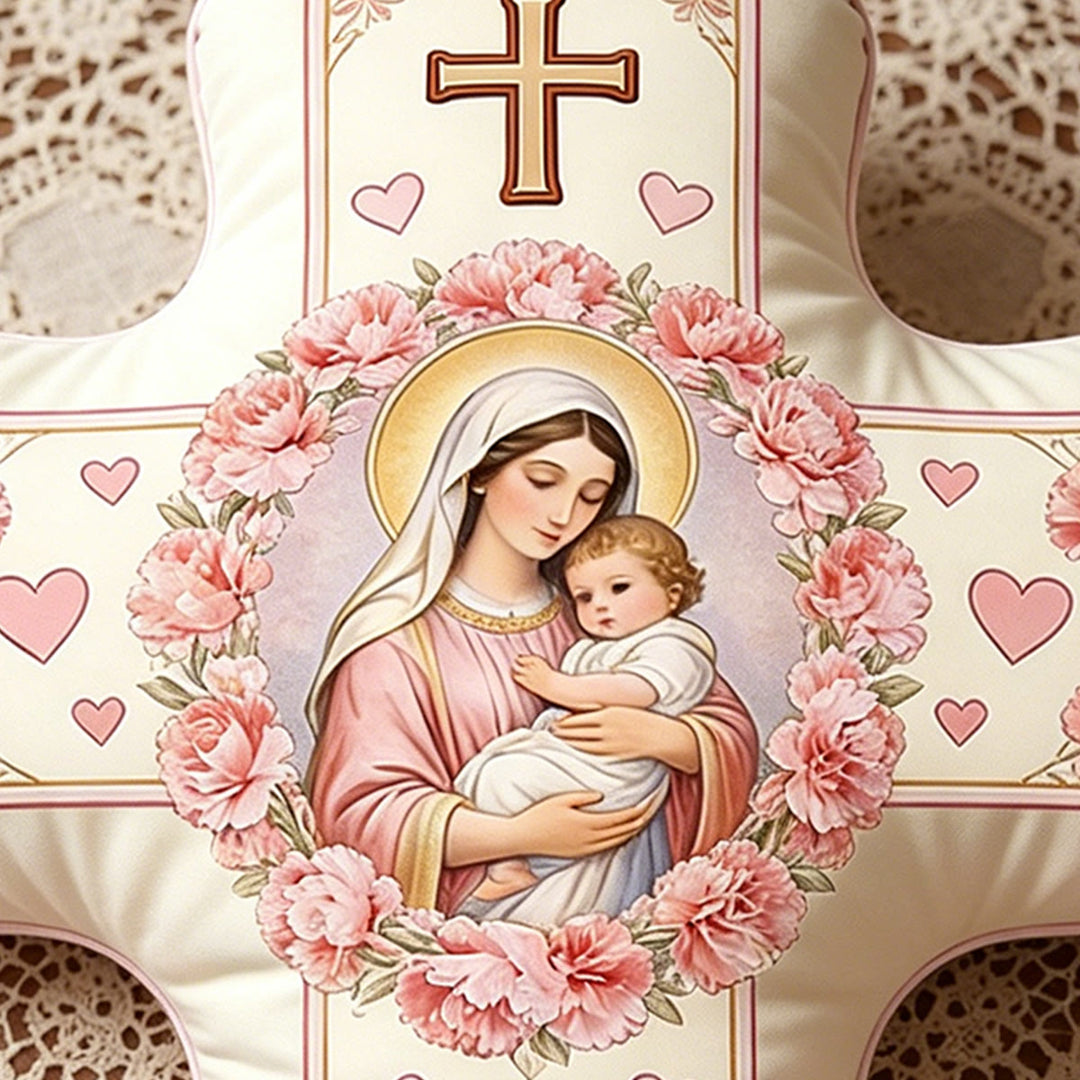 Christianartworkshop Cuscino a forma di croce floreale con la Madonna e il Bambino Gesù: simbolo sacro di tenero amore materno e grazia eterna. - image 2