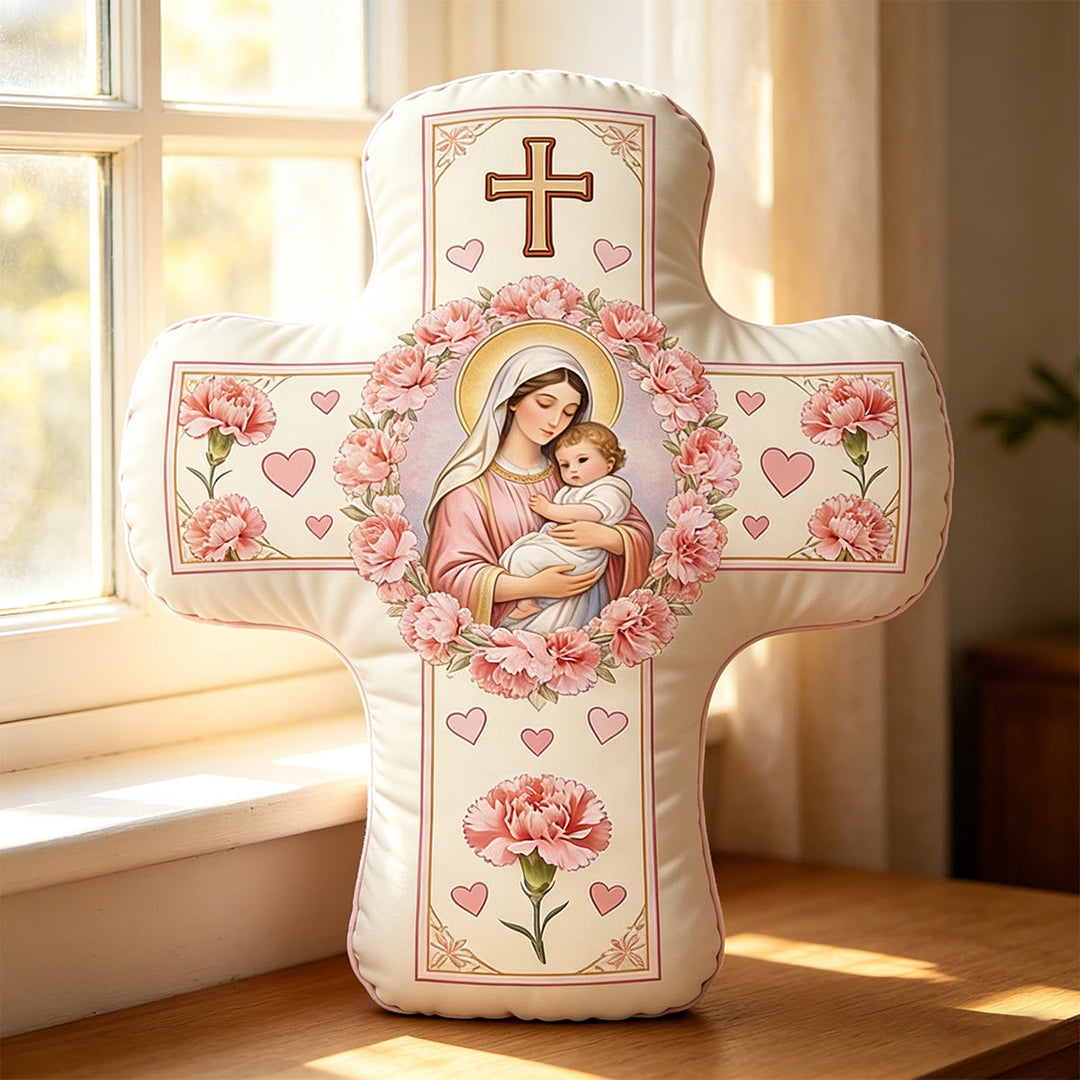 Christianartworkshop Cuscino a forma di croce floreale con la Madonna e il Bambino Gesù: simbolo sacro di tenero amore materno e grazia eterna. - image 3