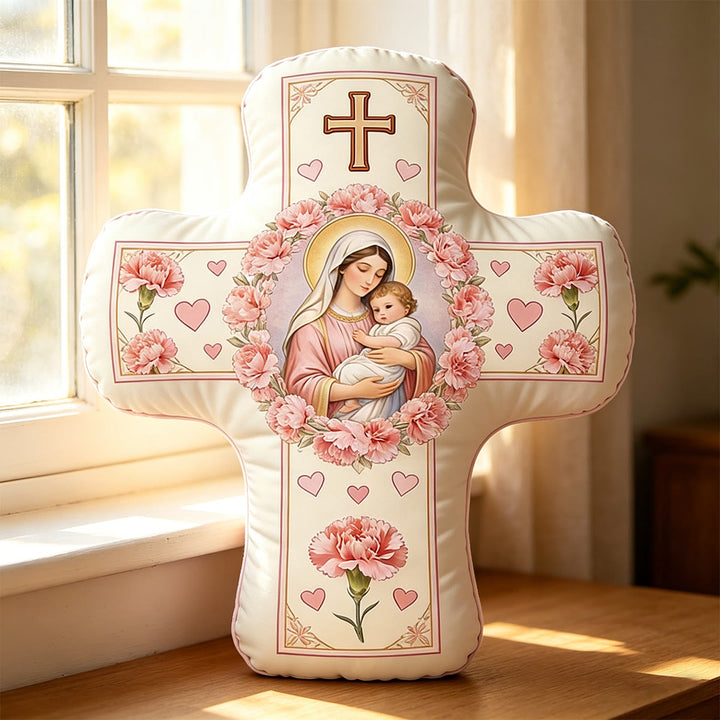 Christianartworkshop Cuscino a forma di croce floreale con la Madonna e il Bambino Gesù: simbolo sacro di tenero amore materno e grazia eterna. - image 3