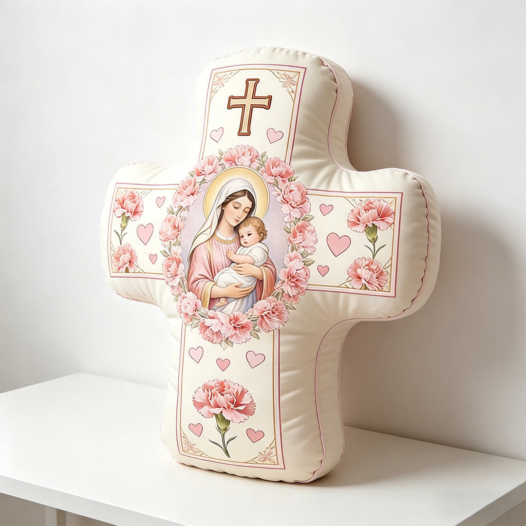 Christianartworkshop Cuscino a forma di croce floreale con la Madonna e il Bambino Gesù: simbolo sacro di tenero amore materno e grazia eterna. - image 1