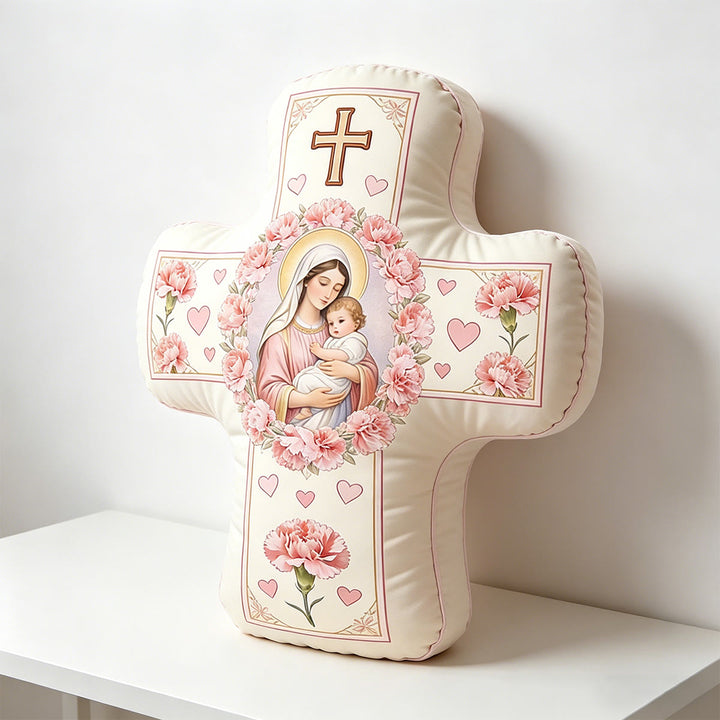 Christianartworkshop Cuscino a forma di croce floreale con la Madonna e il Bambino Gesù: simbolo sacro di tenero amore materno e grazia eterna. - image 1