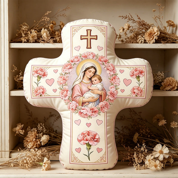 Christianartworkshop Cuscino a forma di croce floreale con la Madonna e il Bambino Gesù: simbolo sacro di tenero amore materno e grazia eterna. - 24" (60 cm) - image 0