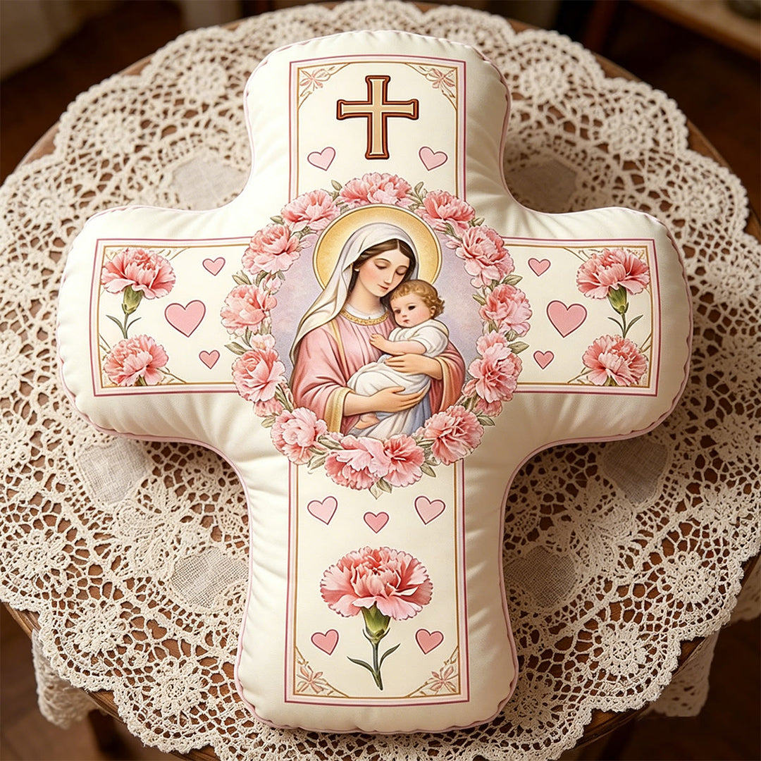 Christianartworkshop Cuscino a forma di croce floreale con la Madonna e il Bambino Gesù: simbolo sacro di tenero amore materno e grazia eterna. - image 5
