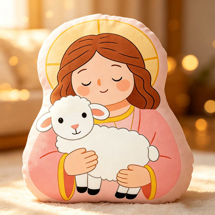 Christianartworkshop Cuscino a forma di Madonna con Agnello di Halo: Emblema di tenera cura materna e dolce benedizione. - image 4