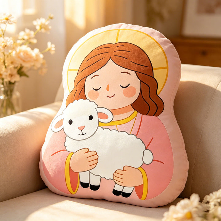 Christianartworkshop Cuscino a forma di Madonna con Agnello di Halo: Emblema di tenera cura materna e dolce benedizione. - 24" (60 cm) - Rosa - image 0
