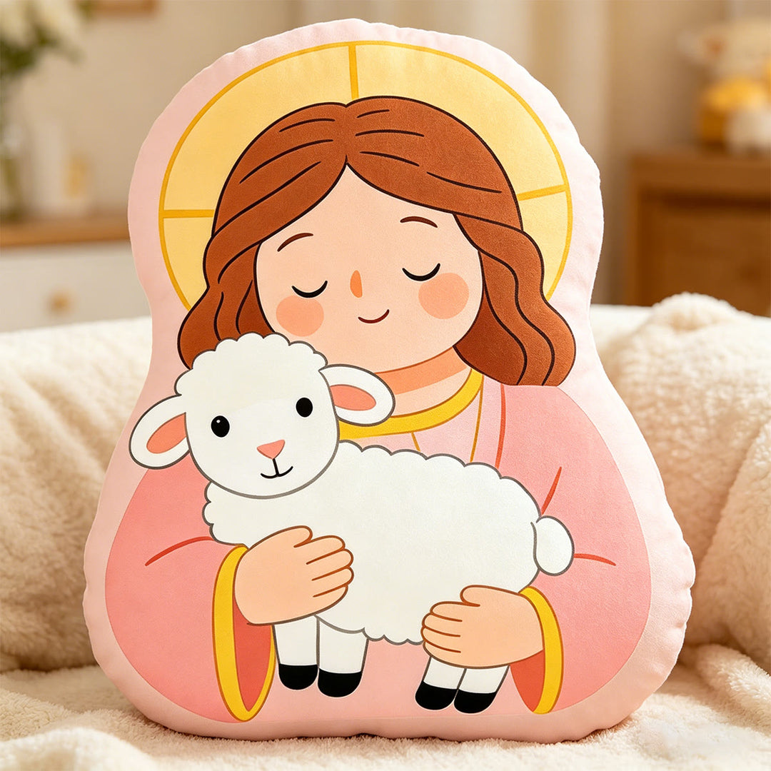 Christianartworkshop Cuscino a forma di Madonna con Agnello di Halo: Emblema di tenera cura materna e dolce benedizione. - image 1