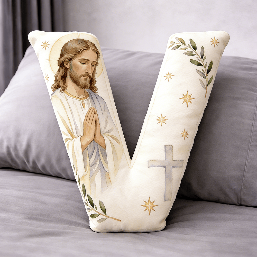 Christianartworkshop Cuscino a forma di lettera con croce di Gesù in preghiera: emblema di preghiera devota e fede senza tempo. - 24" (60 cm) - V - image 21