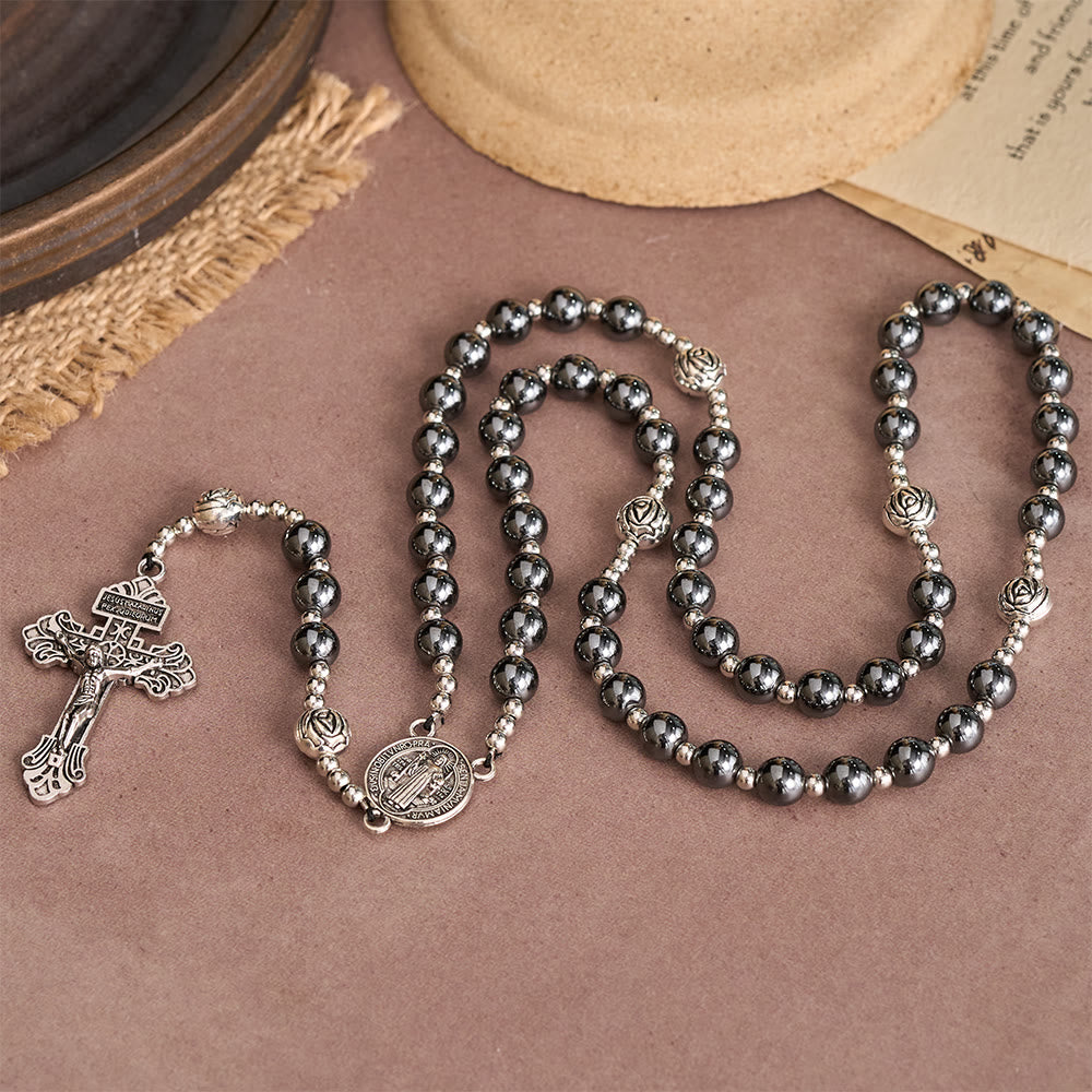 Christianartworkshop Rosario in ematite con grani rosa, medaglia di San Benedetto e crocifisso dettagliato. - image 1
