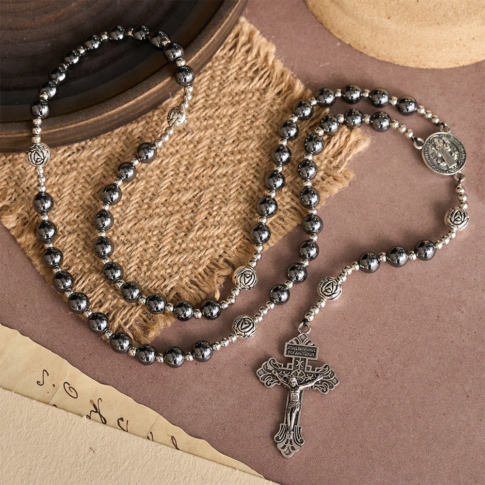 Christianartworkshop Rosario in ematite con grani rosa, medaglia di San Benedetto e crocifisso dettagliato. - San Benedetto e Crocifisso - image 0