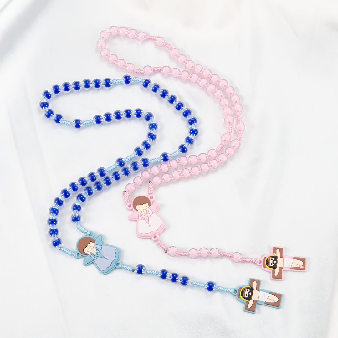 Christianartworkshop Rosario per bambini con disegni animati: medaglia con angelo e ciondolo a croce con Gesù (rosa/blu) - image 1