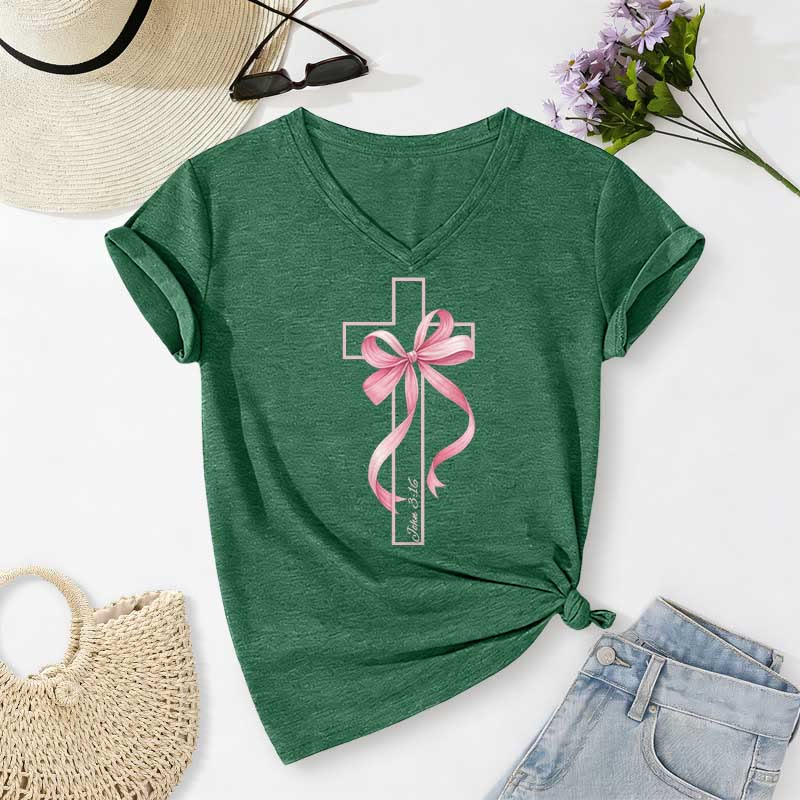 Christianartworkshop T-shirt casual con scollo a V e stampa a croce con fiocco rosa. - Verde scuro - 2XL - image 0