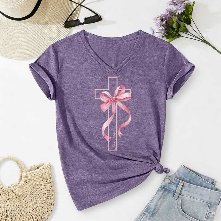 Christianartworkshop T-shirt casual con scollo a V e stampa a croce con fiocco rosa. - Viola - 2XL - image 16