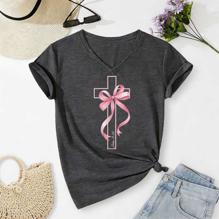 Christianartworkshop T-shirt casual con scollo a V e stampa a croce con fiocco rosa. - Grigio scuro - 2XL - image 20