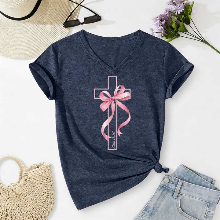 Christianartworkshop T-shirt casual con scollo a V e stampa a croce con fiocco rosa. - Blu navy - 2XL - image 18
