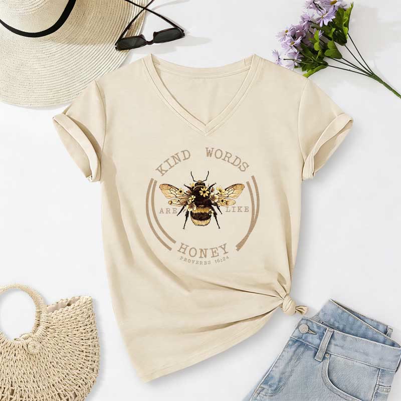 Christianartworkshop Le parole gentili sono come il miele Proverbi 16:24 Maglietta casual con scollo a V Bee - Beige - 2XL - image 0