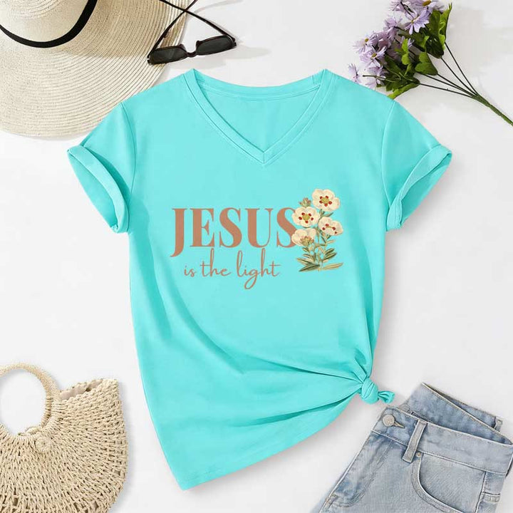 Christianartworkshop T-shirt casual con scollo a V e stampa floreale "Jesus Is The Light" - Blu celeste - 2XL - image 10