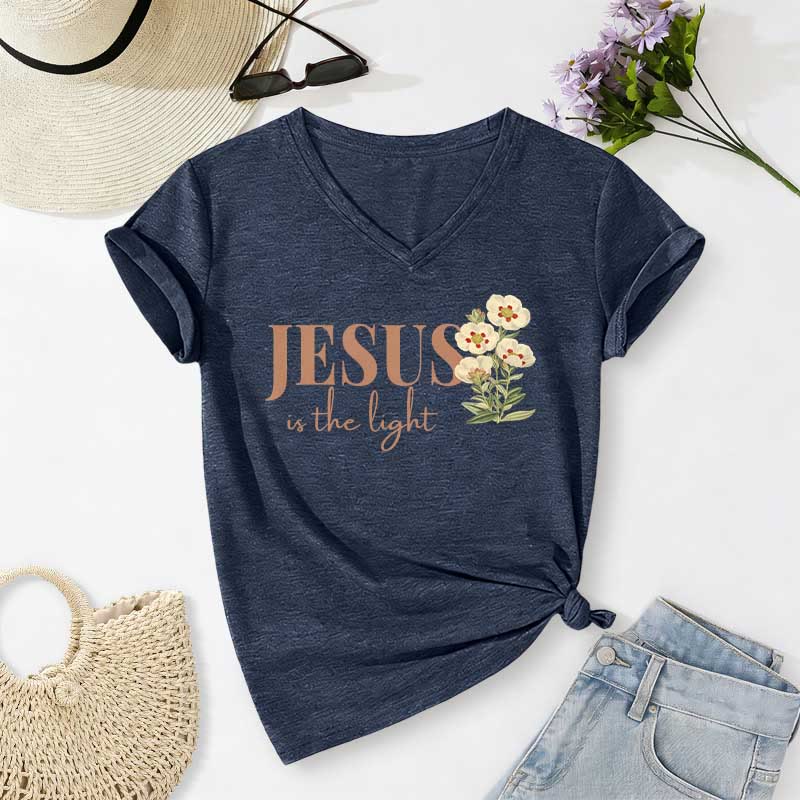 Christianartworkshop T-shirt casual con scollo a V e stampa floreale "Jesus Is The Light" - Blu navy - 2XL - image 20