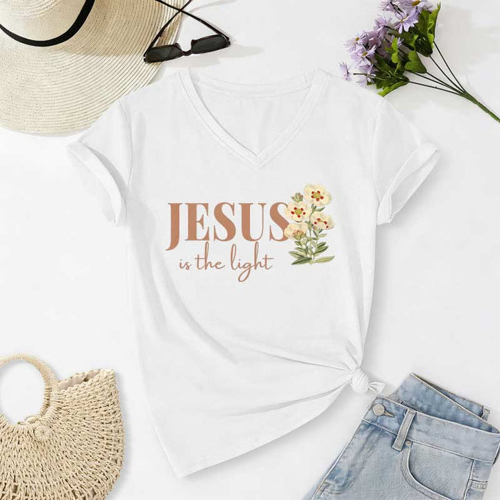 Christianartworkshop T-shirt casual con scollo a V e stampa floreale "Jesus Is The Light" - Bianco - 2XL - image 4
