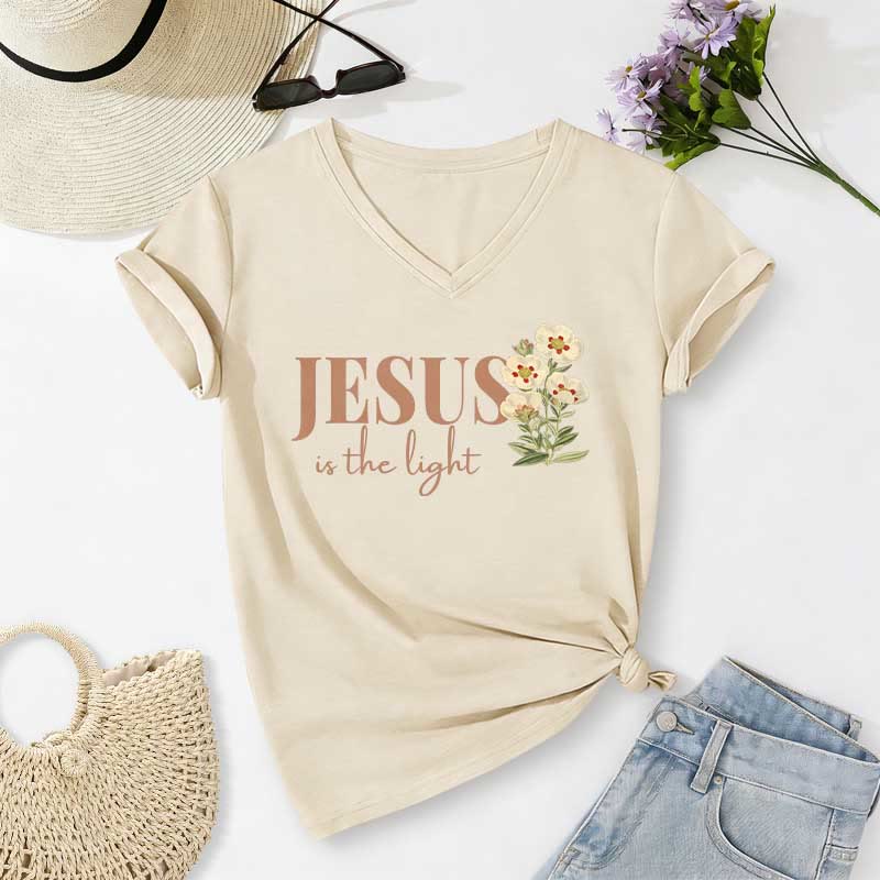 Christianartworkshop T-shirt casual con scollo a V e stampa floreale "Jesus Is The Light" - Beige - 2XL - image 6